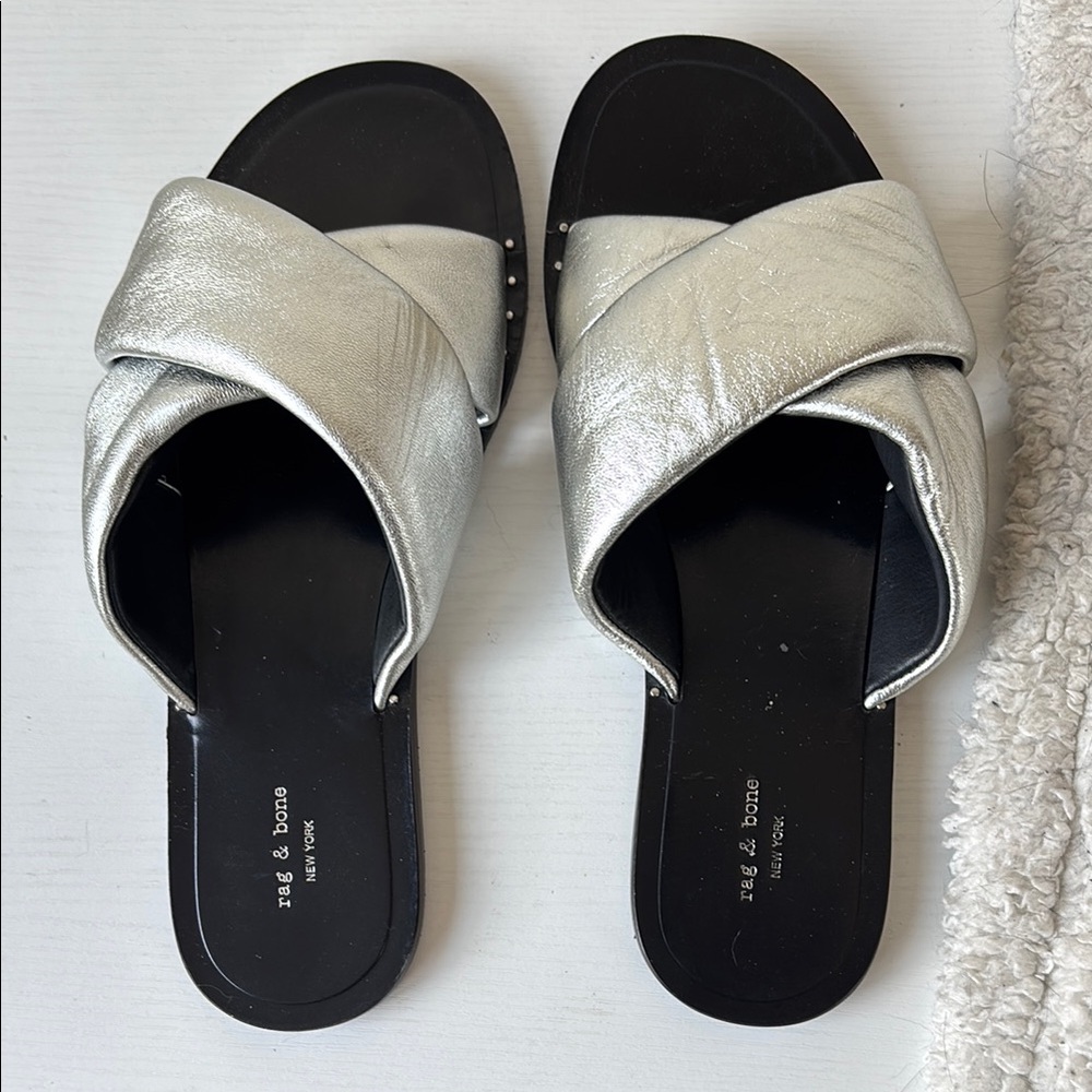 Like New Rag & Bone Silver Black Slide Sandals